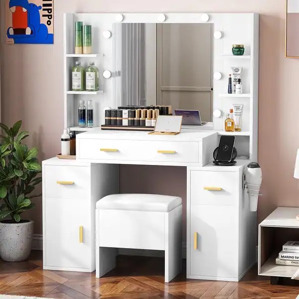 Moasis Makeup Vanity Large Vanity Desk with 3 Drawers, 6 Shelves, 2 Cabinets, Dressing Table Set with Storage Stool White