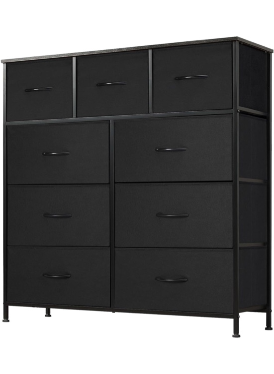 DUMOS Dresser for Bedroom with 9 Drawers, Clothes Drawer Fabric Closet Organizer, Cloth Dresser with Metal Frame and Wood Tabletop Chest Storage Tower for Kids Room, Nursery, Living Room, Entryway