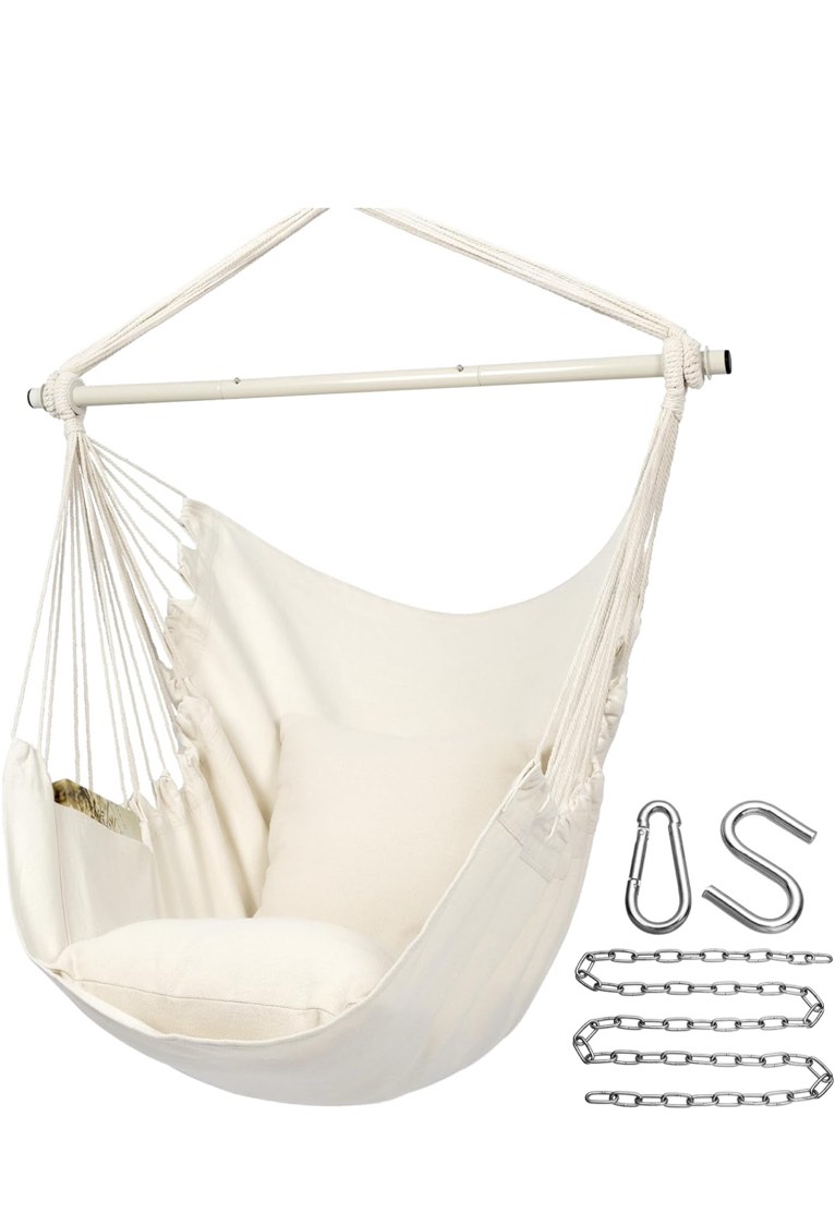 Y- STOP Hammock Chair Hanging Rope Swing Chair, Max 500 Lbs, 2 Seat Cushions Included, Removable Steel Spreader Bar with Anti-Slip Rings for Indoor or Outdoor(Beige)