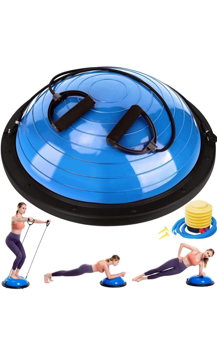 Half Balance Ball Trainer, Half Yoga Exercise Ball with Resistance Bands and Foot Pump, Balance Trainer for Stability Training, Strength Exercise Fitness, Home Gym Workout Equipment