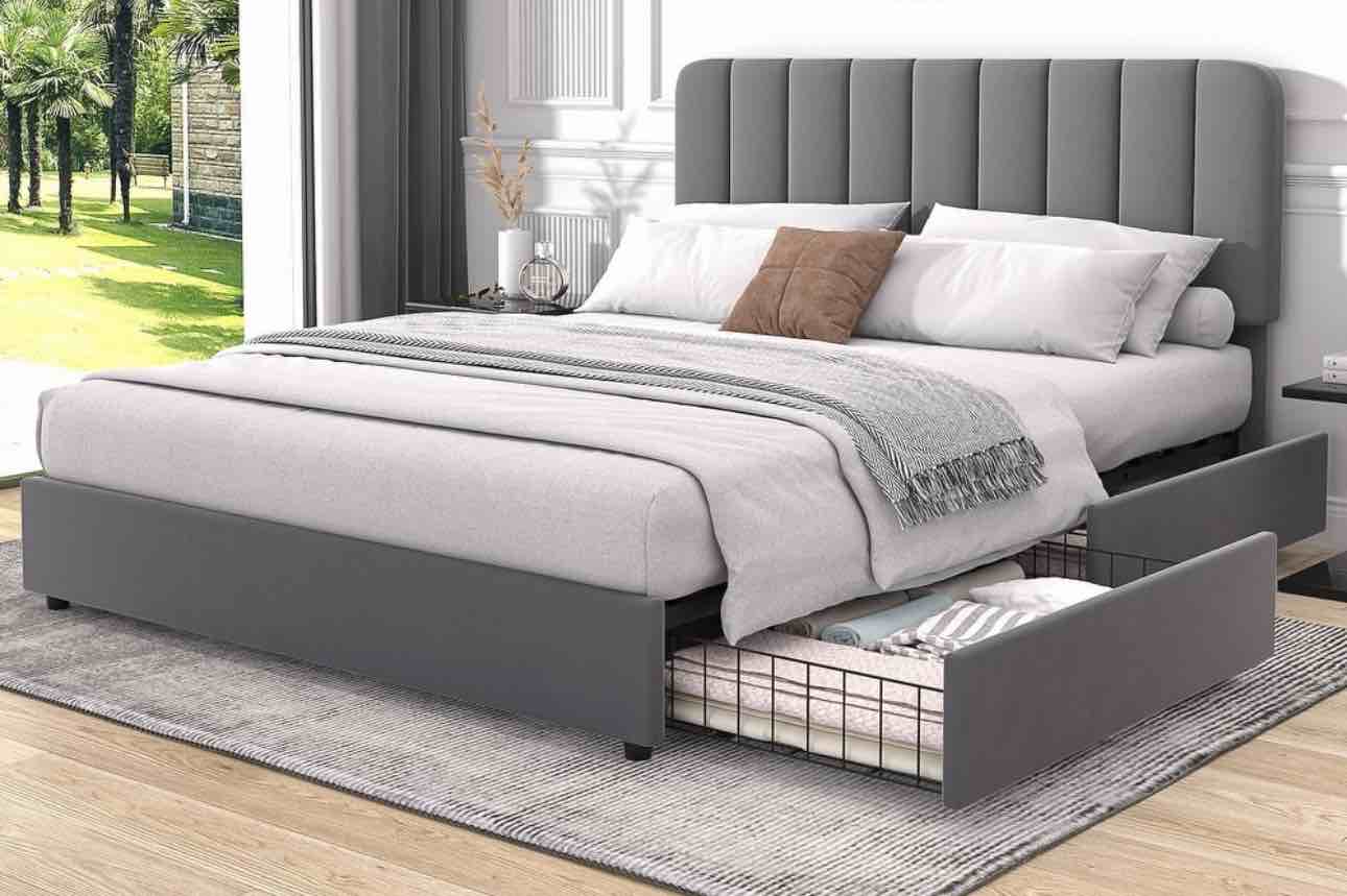 Javlergo Upholstered Platform Bed Frame with Storage Drawers and Adjustable Headboard, No Box Spring Needed