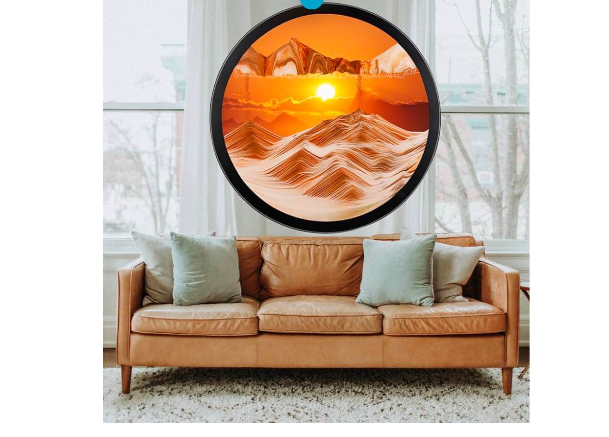 23.6'' Moving Sand Art Picture Round Glass 3D Deep Sea Sandscape Room Decoration, Glass Crafts Solid Wood Frame, Relaxing Mood Home Office Work Wall Art Decor