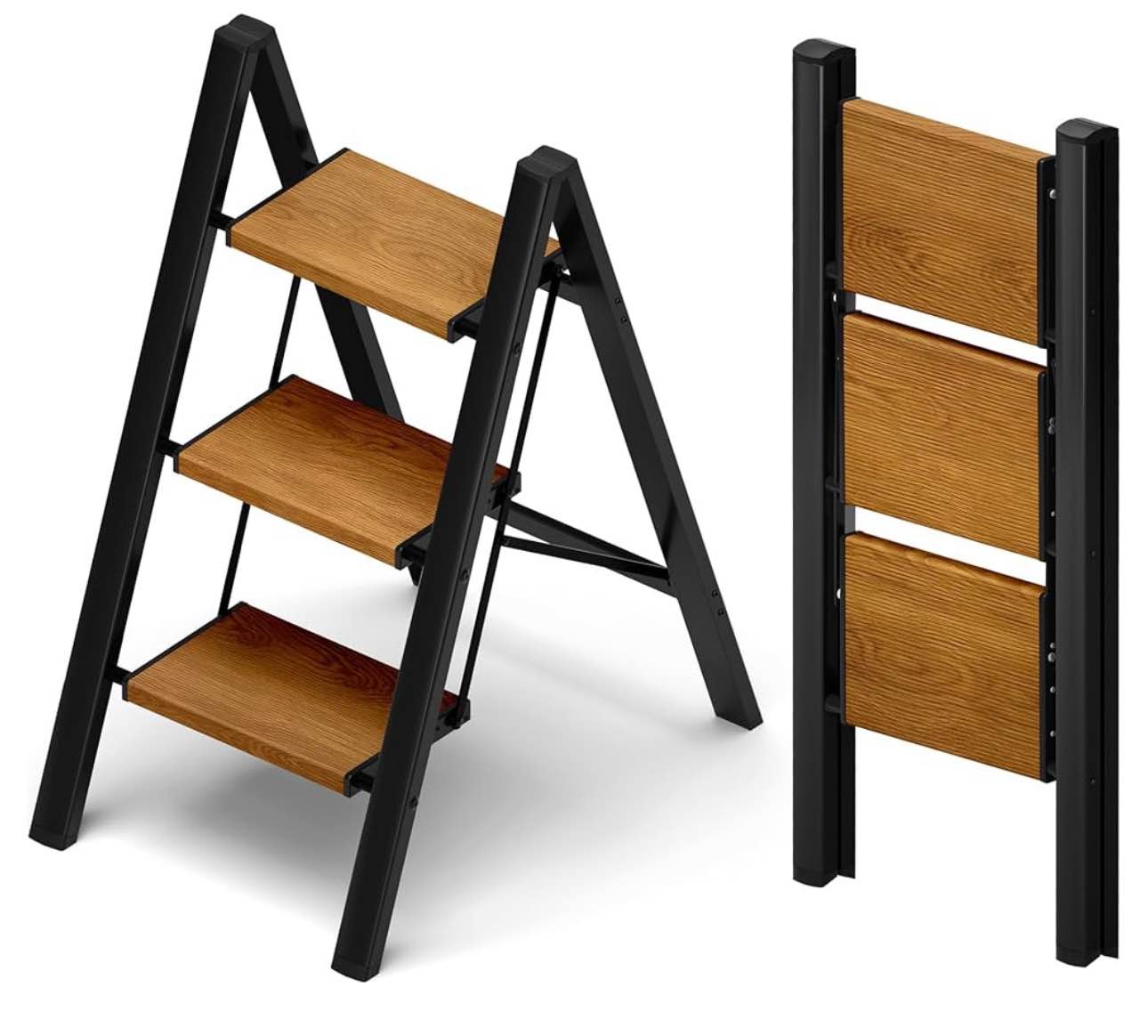 Taranta 3 Step Ladder,Aluminum Lightweight Folding 3 Step Stool with Anti-Slip Wide Pedal, 330lbs Capacity Step Ladder for Household,Kitchen,Office - BlackWoodgrain