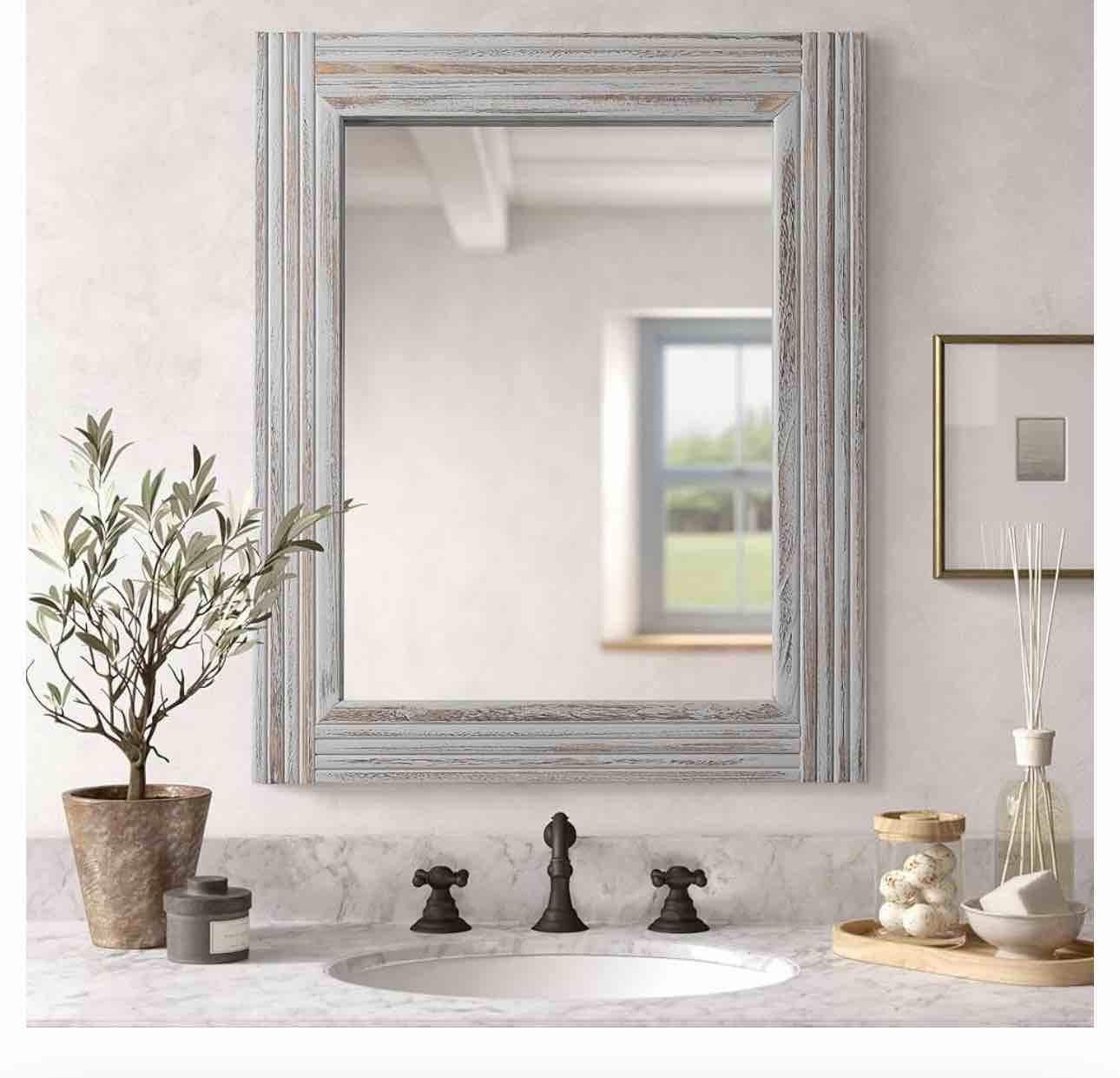 YOSHOOT Hand-Made Wooden Spliced Wall Mirror for Bathroom, Rustic Farmhouse Vanity Mirror, Décor Wall Art, Solid Wood Frame, Vertical or Horizontal Hanging