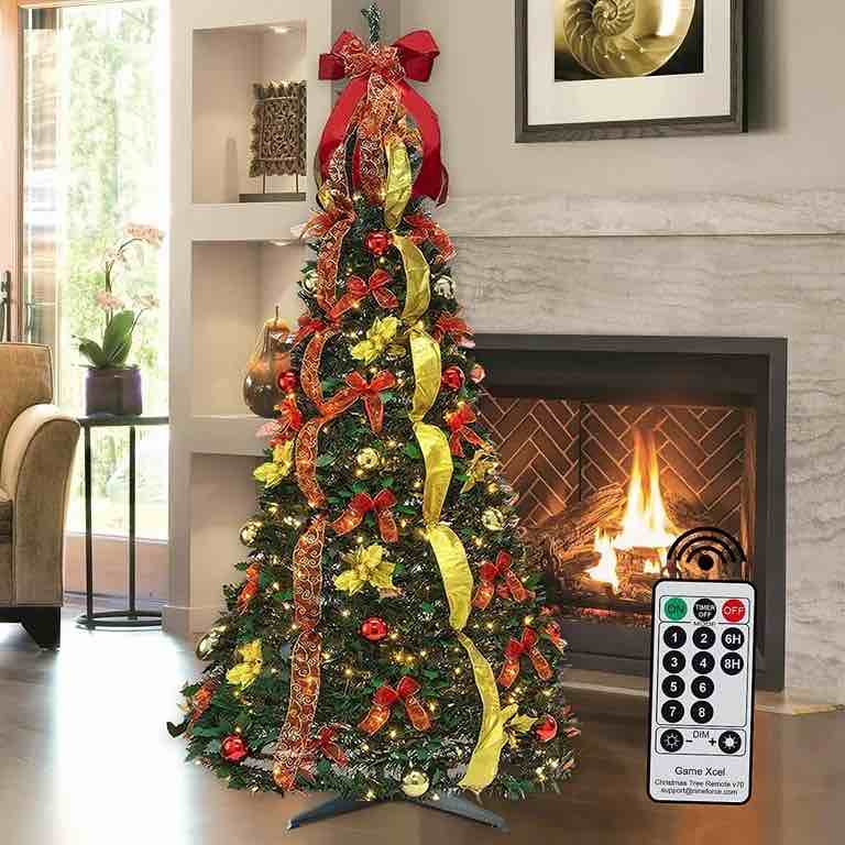 6FT Pop Up Christmas Tree Artificial with Remote, Pull Up Christmas Tree with Pre-lit 200LED Warm Lights, Holiday Party Decorations Red Gold