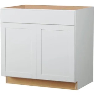 Hampton Bay Courtland 36 in. W x 24 in. D x 34.5 in. H Assembled Shaker Sink Base Kitchen Cabinet- CRACK IN BACK FRAME, OHERWISE GOOD CONDITION