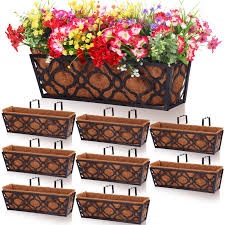 Geetery 8 Pack Metal Deck Railing Planters Window Boxes Planters 30 Inches Window Deck with Coconut Coir Liner Hanging Railing Plant Holder Fence Pots for Flower Porch Balcony Garden Trough Patio