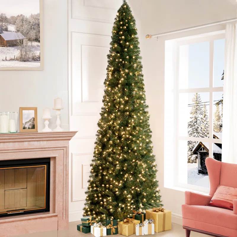 Traditional Pre-Lit Slim Christmas Tree - Illuminated with Warm Lights and Sturdy Metal Stand for Effortless Holiday Charm