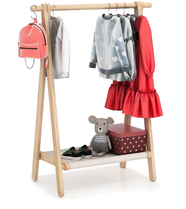 Dress up Rack, Child Garment Rack, Kids Clothing Rack with Storage Shelf (Natural Beech, 29.5" L x 14.5" W x 40" H)