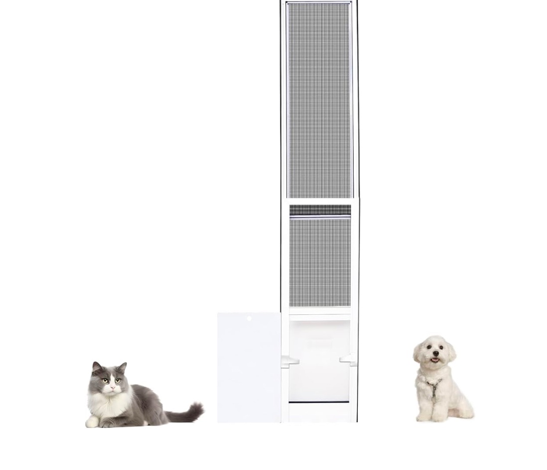 Dog Door for Sliding Glass Door, Patio Pet Door with Magnetic Closing Curtain,UV Resistant Screen,No-Cut Install, Great for Renters and Seasonal Inst White-L