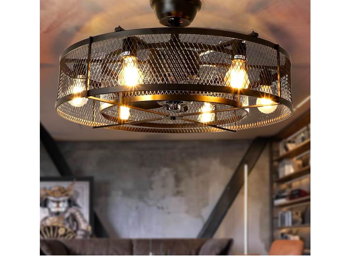 Depuley 26" Farmhouse Ceiling Fan with 6 Lights, Industrial Indoor/Outdoor Ceiling Fan Lighting, Matte Black Flush Mount Ceiling Fan Lights, Cage Ceiling Fan with Remote 6 Speed Timing (Bulb Not Incl)
