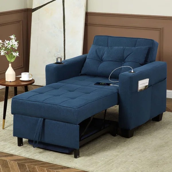 Futon Chair Bed Convertible Chair 3-in-1 Pull Out Sleeper Chair Beds for Living Room - 1PC - Blue Linen