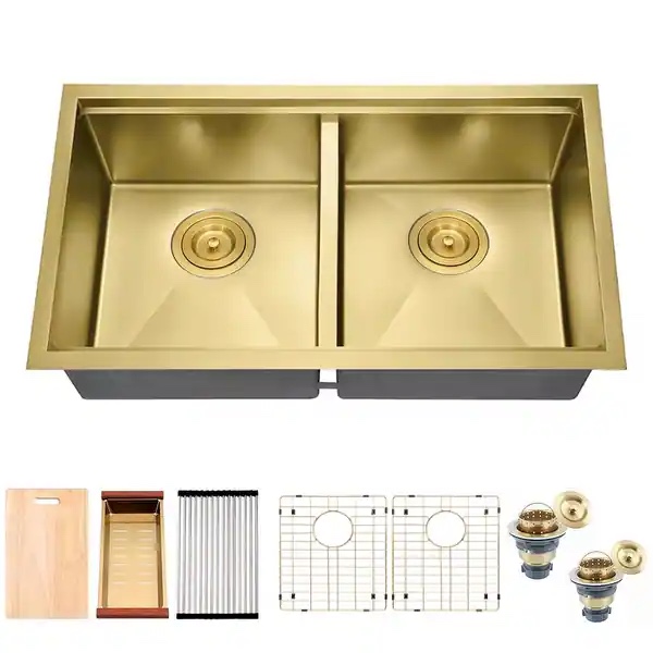 CB HOME 32'' Gold Undermount & Drop in Double Bowl Kitchen Sink, 50/50 Black /Stainless Steel Kitchen Sink with Accessories - 32''x19''x10''-Sink+Accessories - Gold