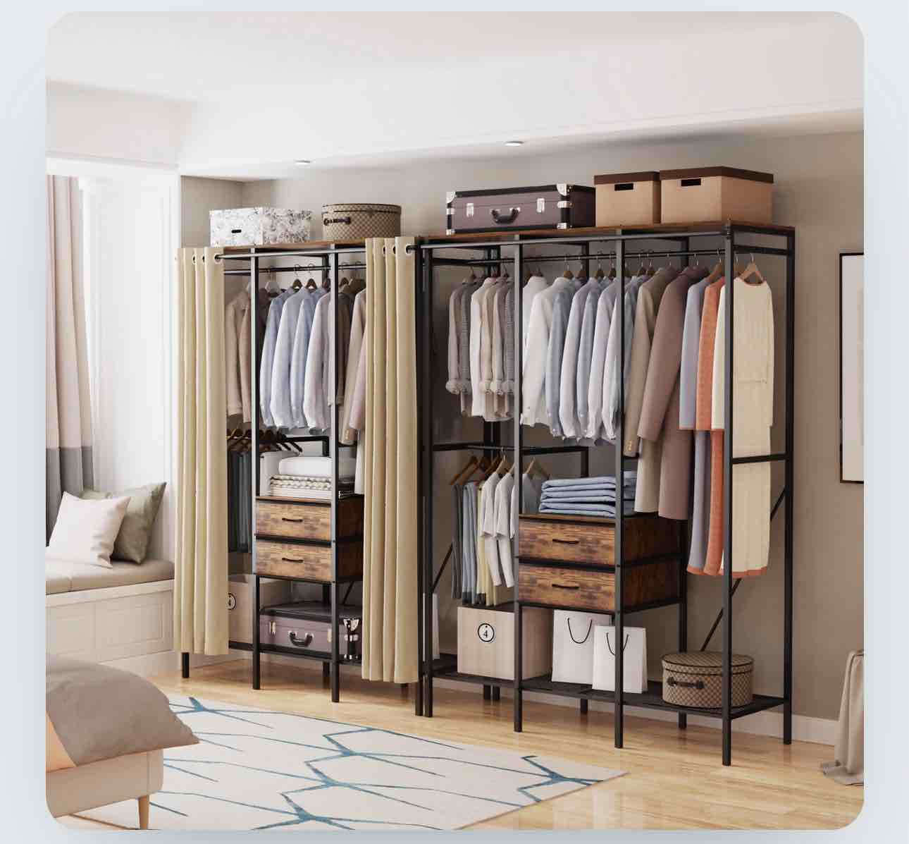 Freestanding Heavy Duty Clothes Rack Dust-proof Curtain Portable Wardrobe