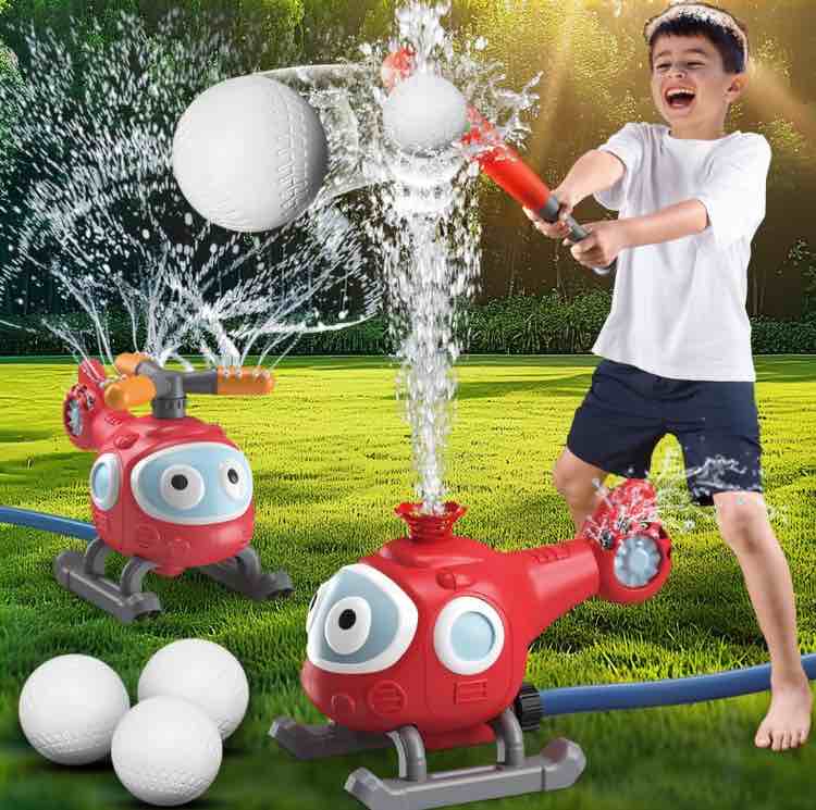 Outdoor Water Sprinkler Baseball Toy: 2 in 1 Helicopter T Ball Set Summer Water Game Attaches to Garden Hose, Fun Outside Play Lawn Backyard Pool Party for Kids Age 3 4 5 6 7 8, 12 Gifts