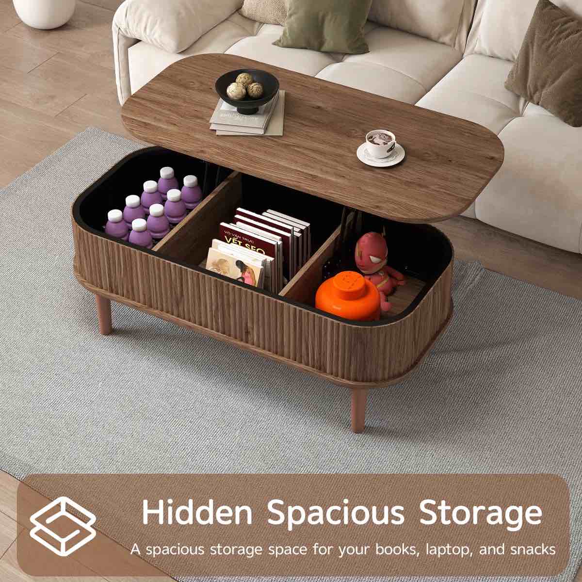 Condition photo showing New/Like New for lift top coffee table with storage