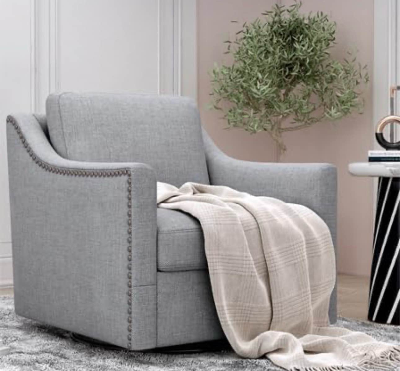 Condition photo showing New/Like New for modern accent chair, 360 degree swivel armchair, brass nail decorative, single sofa lounge chair for living room, bedroom indoor homes (grey/360 degree)