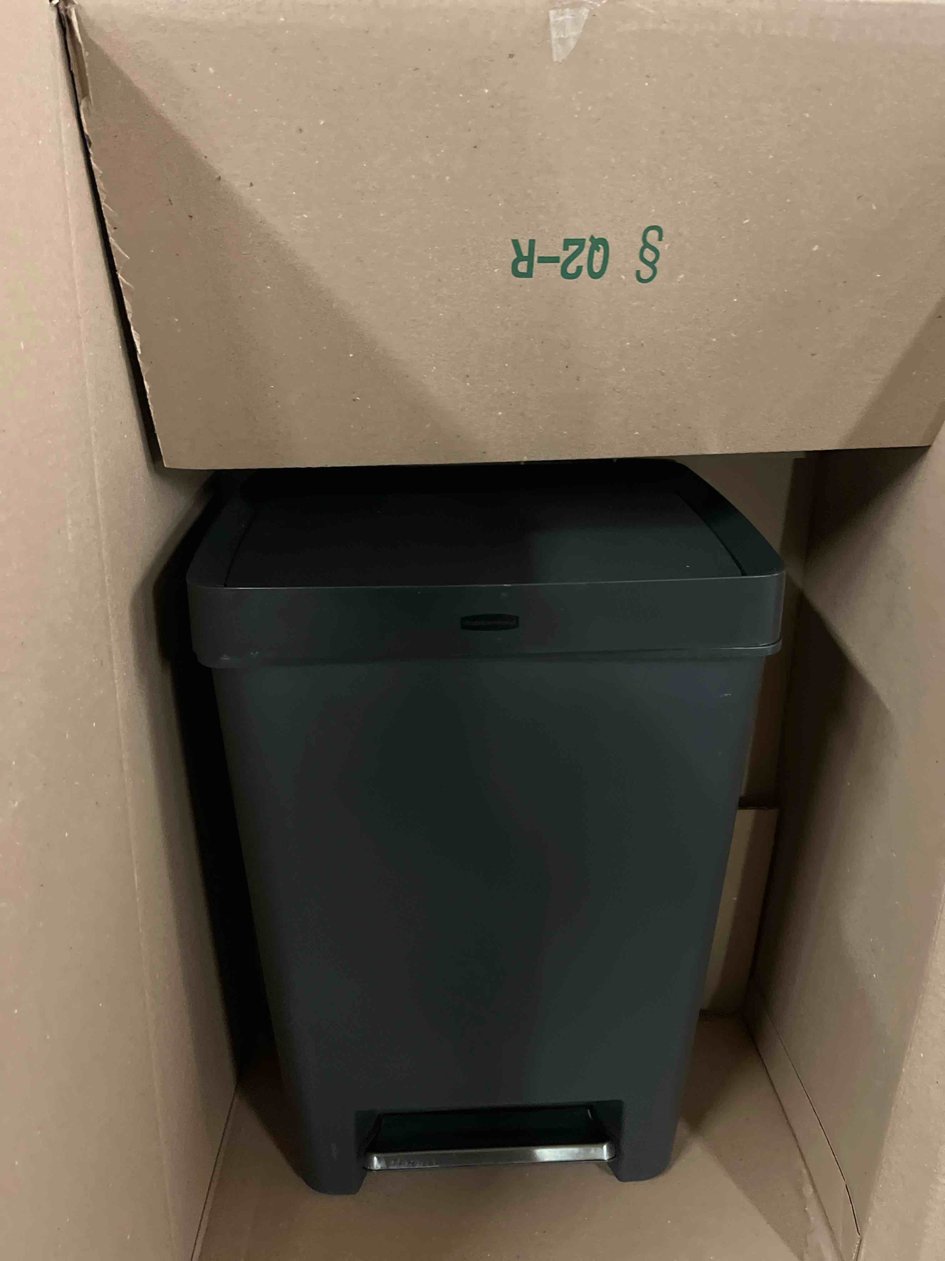 Condition photo showing New/Like New for rubbermaid premier series ii step-on trash can for home and kitchen, with lid lock and slow close, 12.4 gallon, charcoal, for home/kitchen/garage/apartment/office
