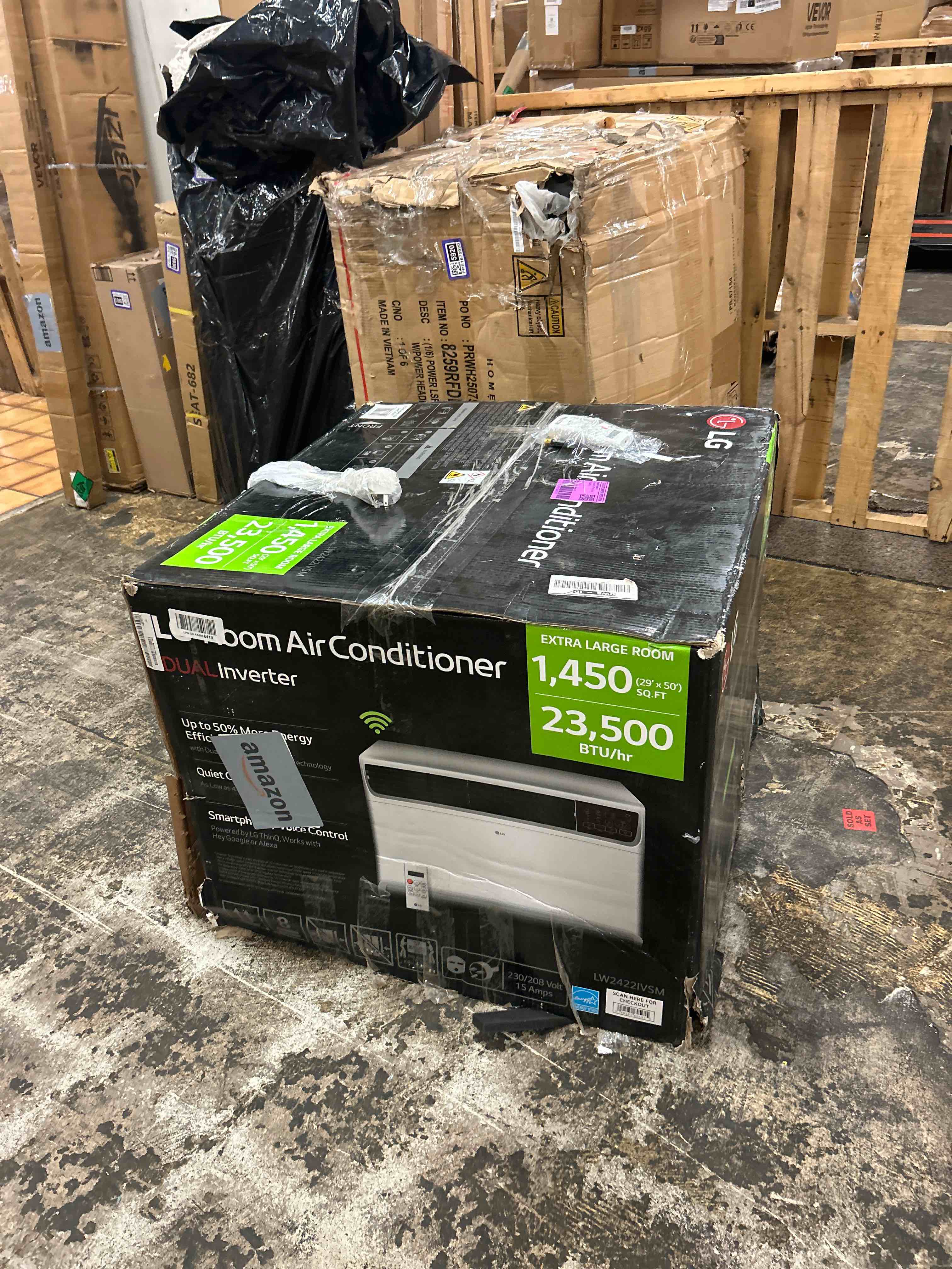 Condition photo showing New/Like New for lg 23,500 btu dual inverter smart window air conditioner, 230v, air conditioner cools rooms up to 1,440 sq. ft., ultra quiet operation, with lg thinq, amazon alexa & hey google, white