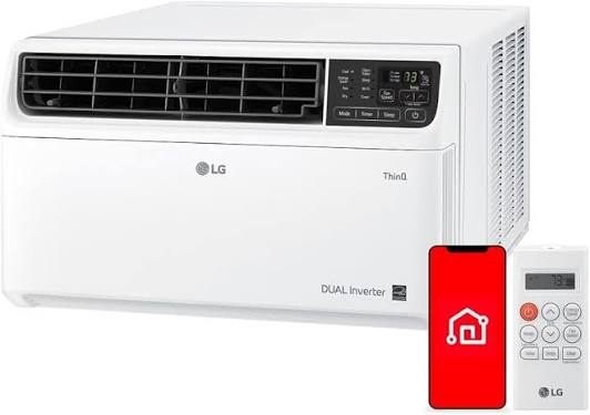 lg 23,500 btu dual inverter smart window air conditioner, 230v, air conditioner cools rooms up to 1,440 sq. ft., ultra quiet operation, with lg thinq, amazon alexa & hey google, white