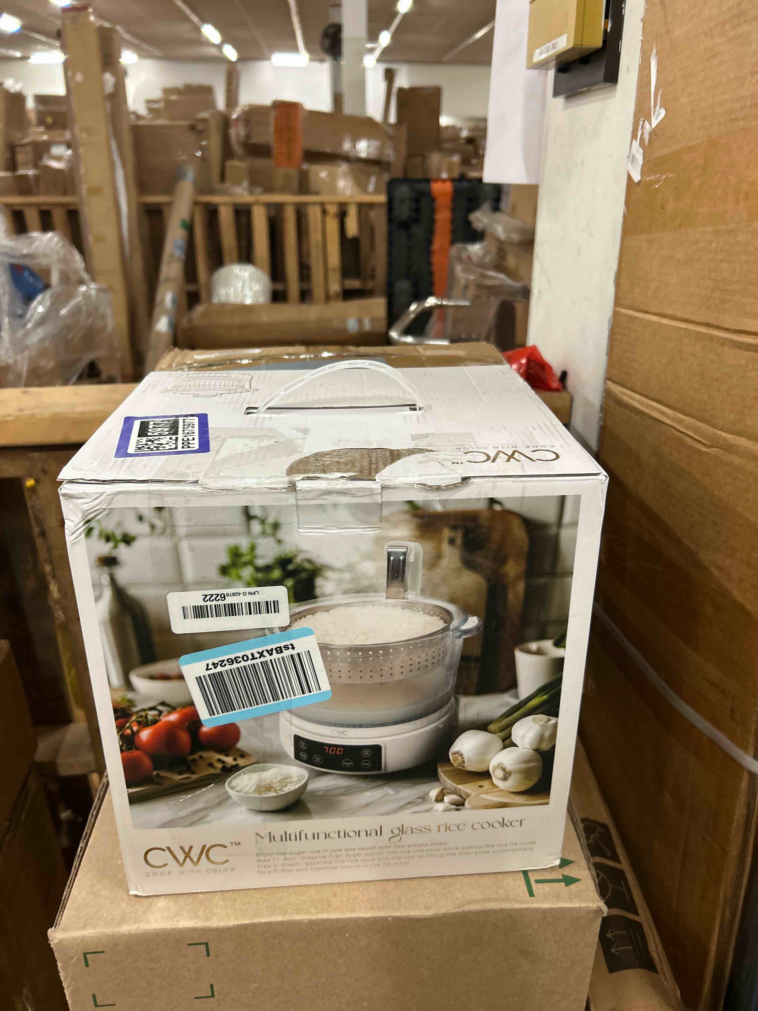 Condition photo showing New/Like New for cook with color 3l glass mini low carb rice cooker - holds 2 cups raw/makes 6 cups cooked with auto lift filter basket, hotpot & steamer for rice, grains, digital panel with keep warm, cream
