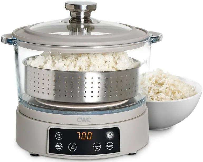 cook with color 3l glass mini low carb rice cooker - holds 2 cups raw/makes 6 cups cooked with auto lift filter basket, hotpot & steamer for rice, grains, digital panel with keep warm, cream