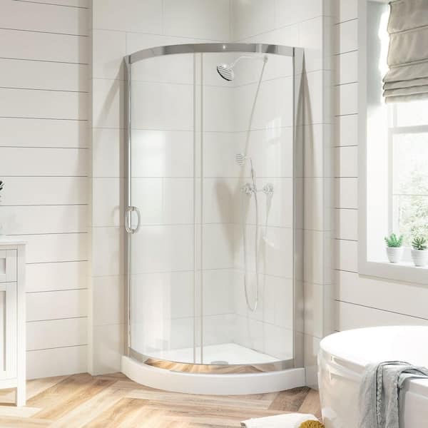 breeze 33 in. l x 33 in. w x 77 in. h corner shower kit with clear sliding door in chrome, and shower pan (no walls