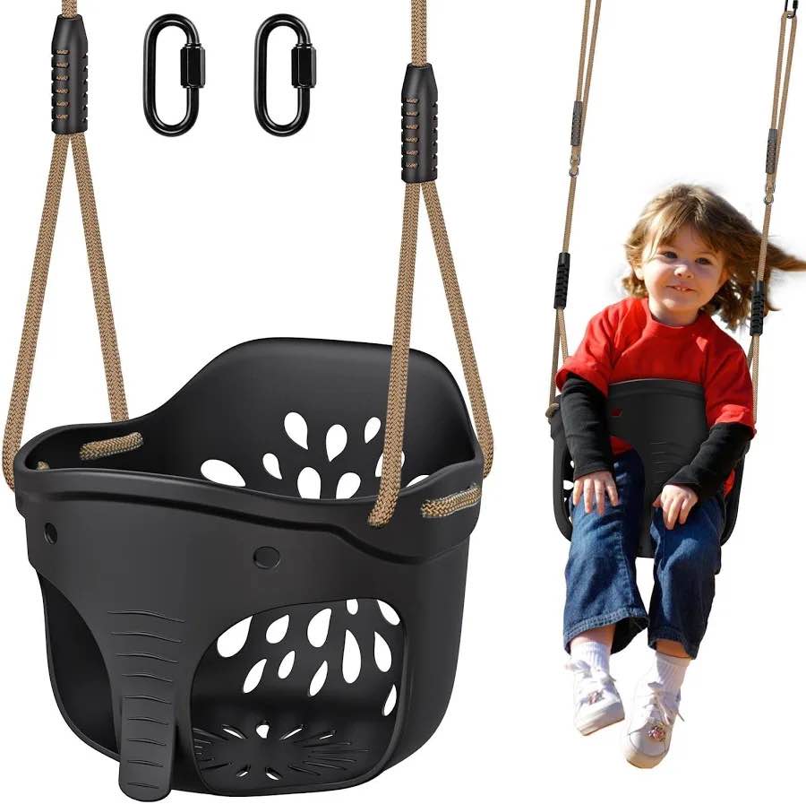 seleware heavy-duty high back full bucket toddler swing seat with locking carabiners and adjustable rope, cute elephant shape design, 600lb weight limit (bucket swing, black)