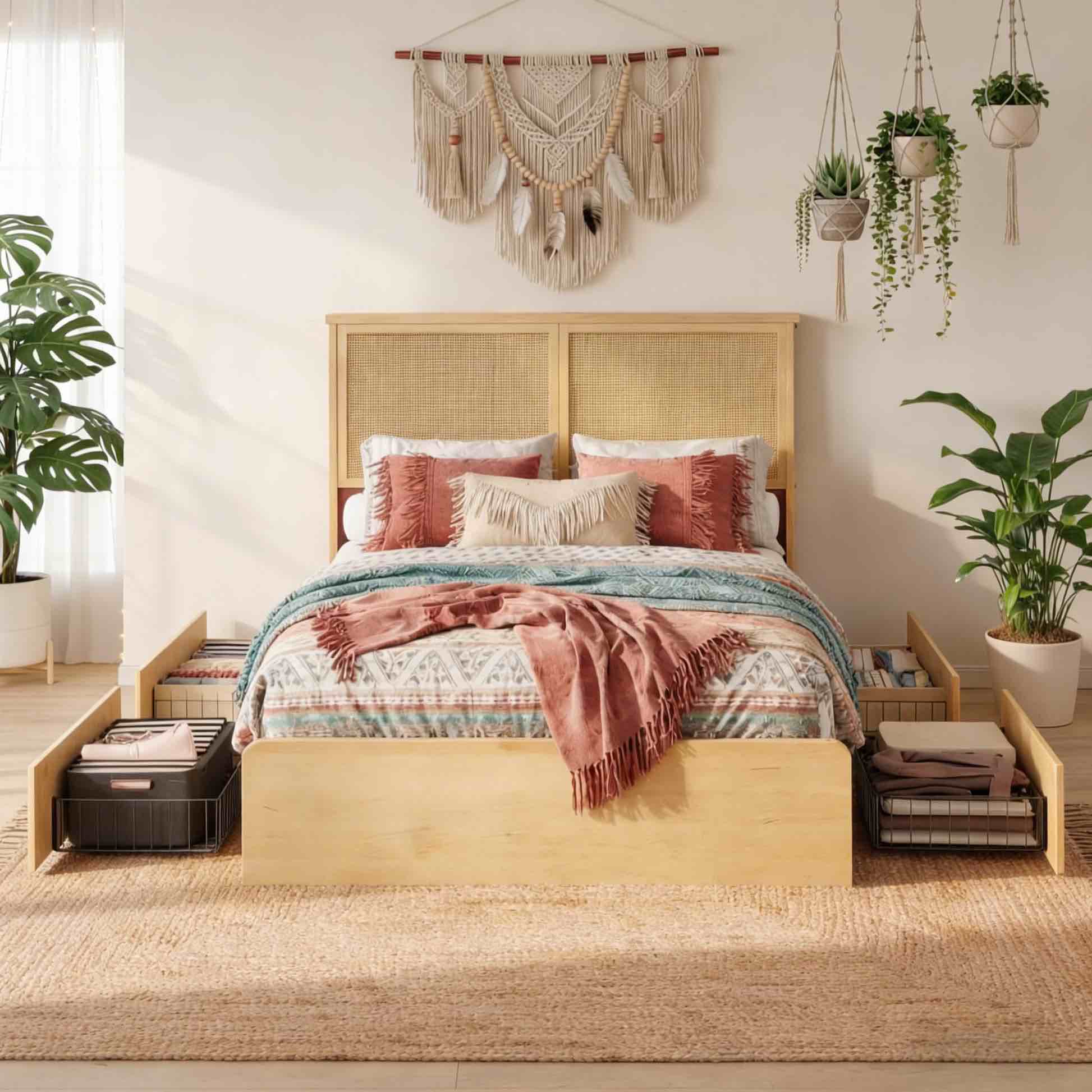 Garvee Rattan Full Bed Frame with Storage Drawers & LED Lights, Natural Rattan Headboard, Sturdy Wood Foundation, Noise-Free, Easy Assembly, Bedroom