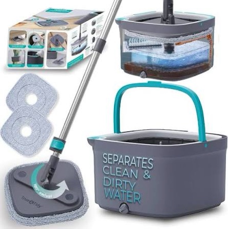 Condition photo showing New/Like New for true & tidy true clean mop and bucket system, includes square spin, dual compartment mop bucket and 2 thick machine washable pads