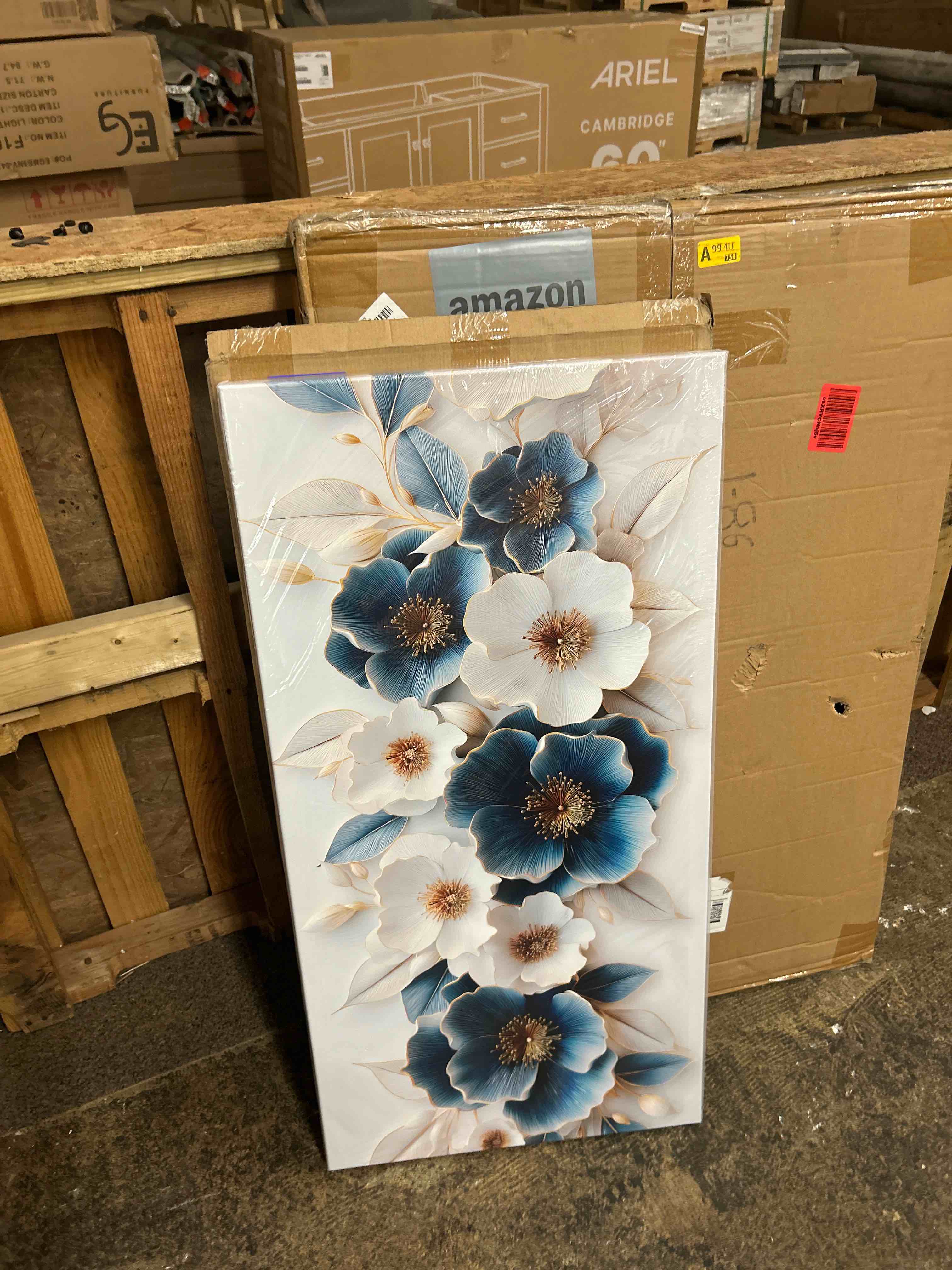Condition photo showing New/Like New for large canvas wall art for living room blue and white floral print painting wall decor for bedroom office modern home botanical framed wall decorations artwork size 20x40 ready to hang
