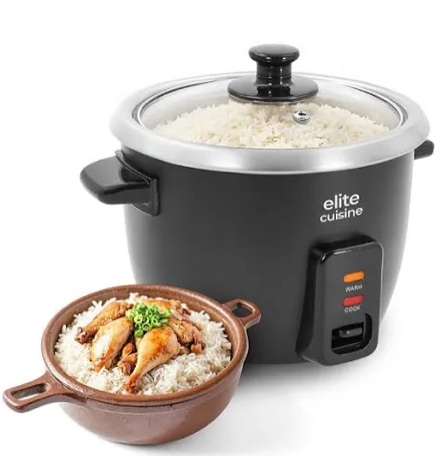 elite gourmet erc006ss 6-cup electric rice cooker with 304 surgical grade stainless steel inner pot, makes soups, stews, porridges, grains and cereals, 6 cup (3 cups uncooked), black