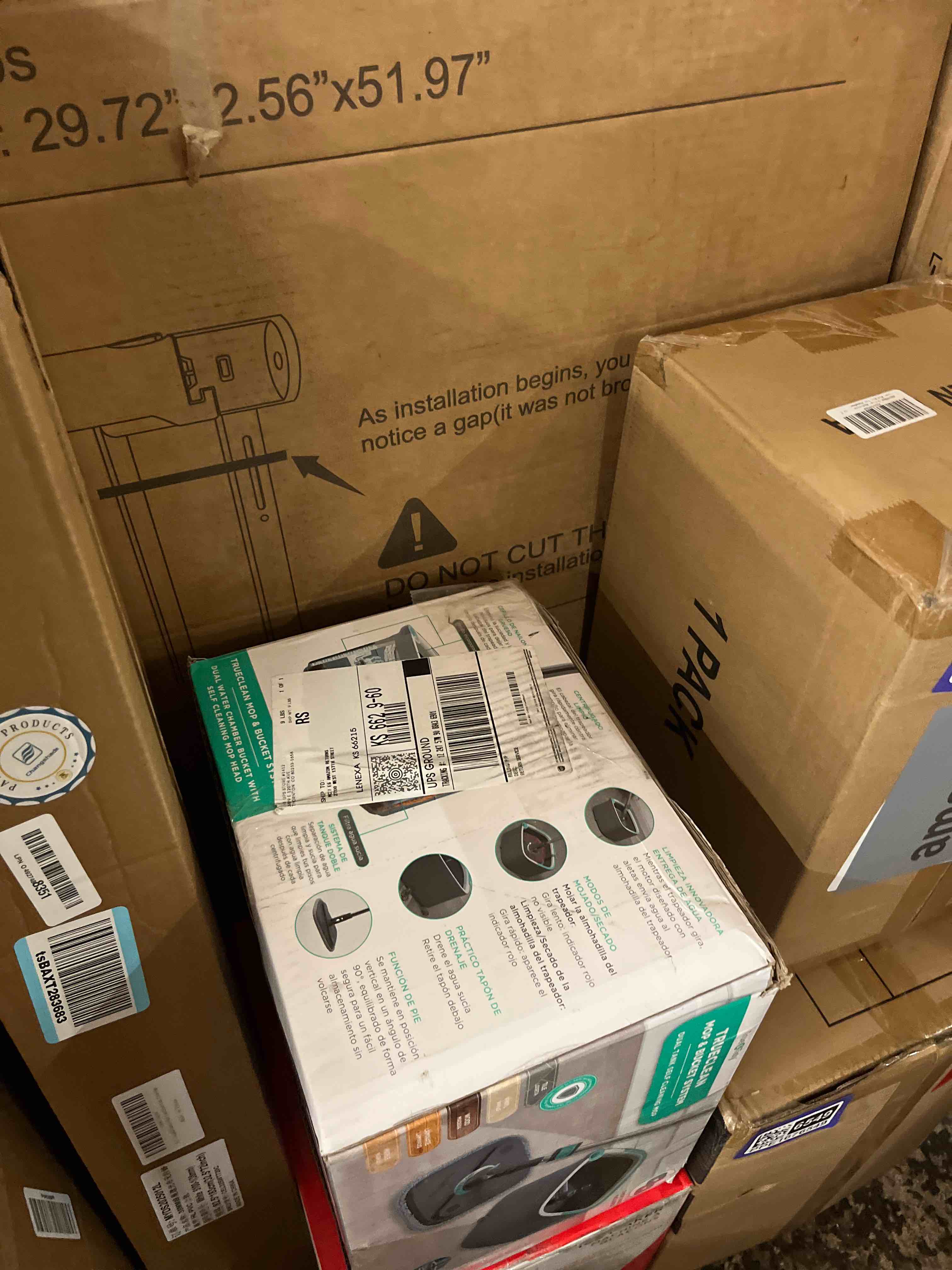 Condition photo showing New/Like New for true & tidy true clean mop and bucket system, includes square spin, dual compartment mop bucket and 2 thick machine washable pads