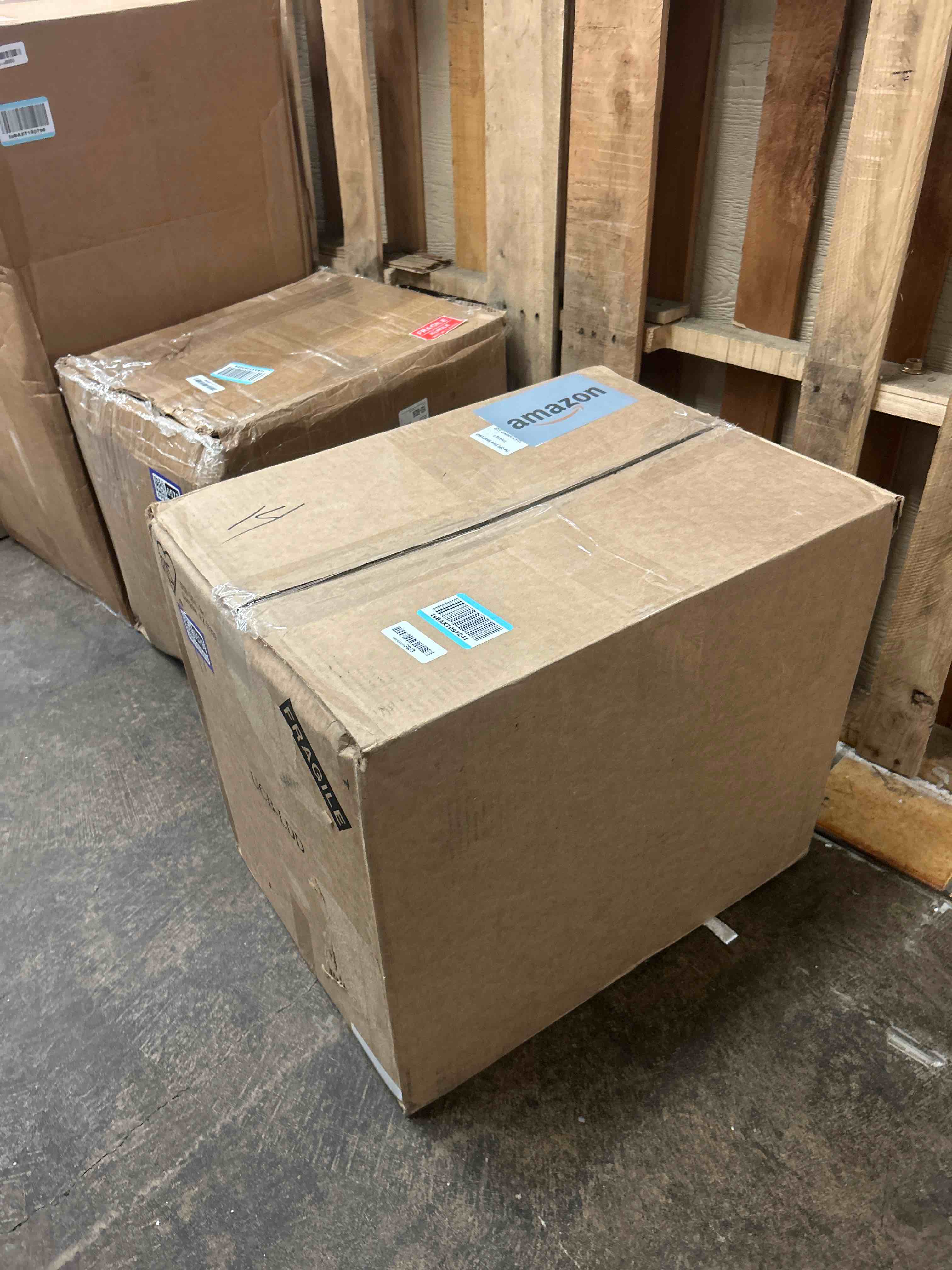 Condition photo showing New/Like New for iris usa 3-pack 74 qt storage bins with gasket lids, clear/blue | weatherpro seal helps protect bulky items for moving, garage, attic and basement storage