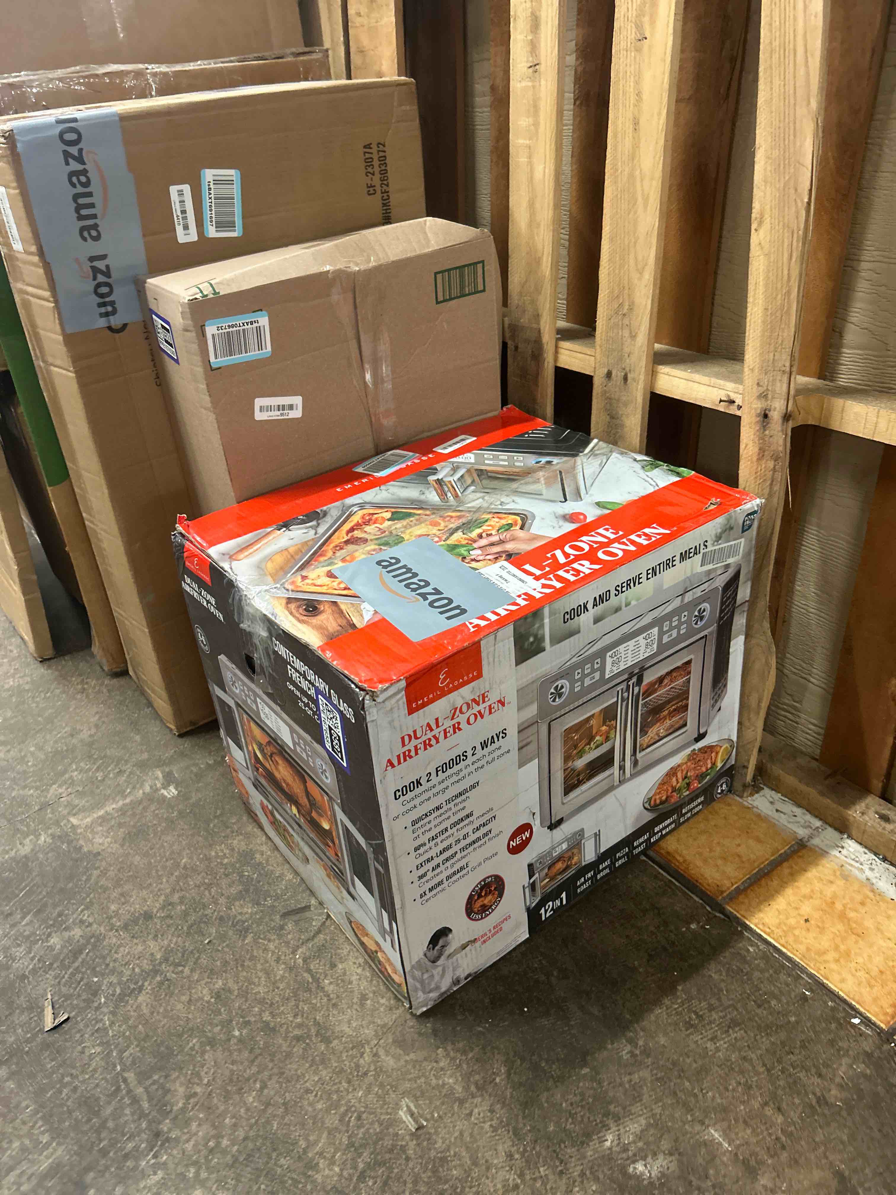 Condition photo showing New/Like New for emeril lagasse dual zone 360 air fryer oven combo with french door, 25 qt extra large, cook two foods in different ways, up to 60% faster from frozen to finish