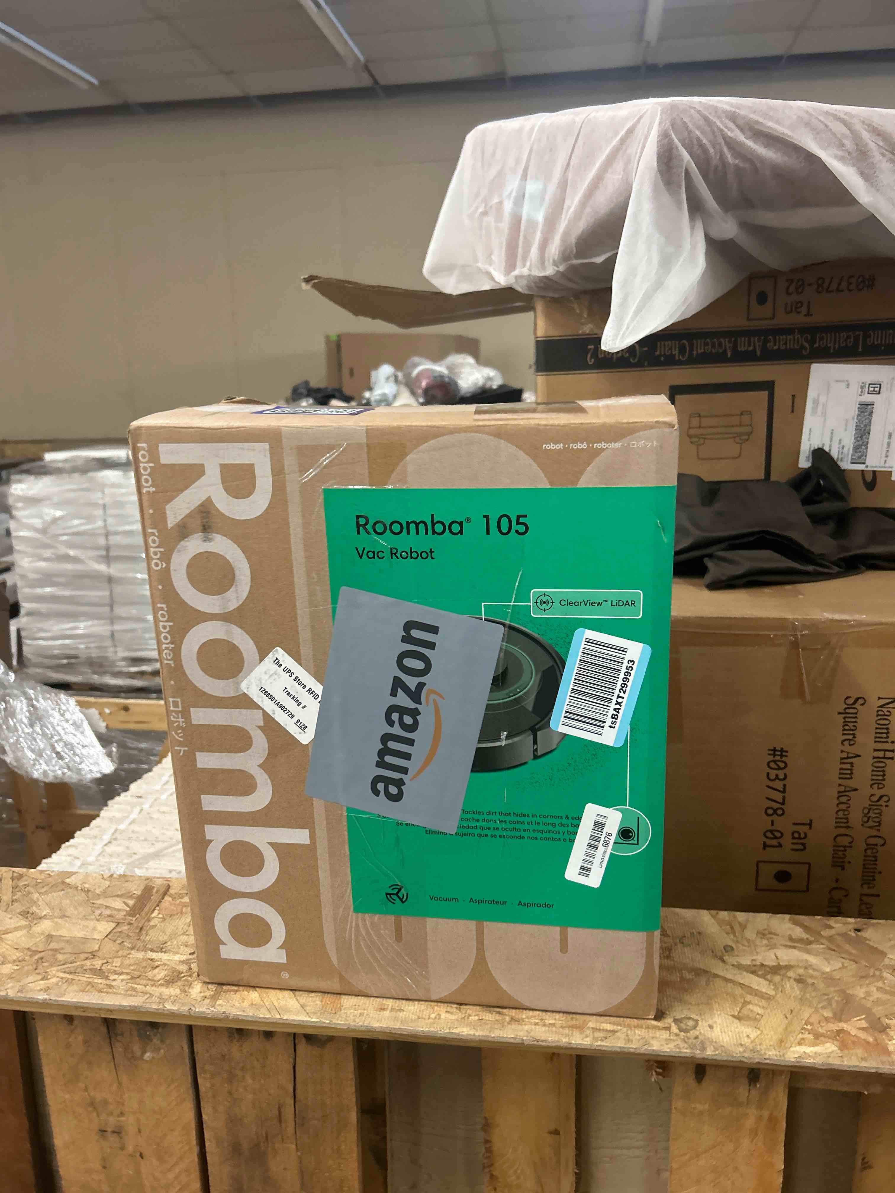 Condition photo showing New/Like New for irobot roomba 105 vac robot vacuum - easy to use, intense power-lifting suction, lidar navigation, multi-surface cleaning, cleans in neat rows, self-charging