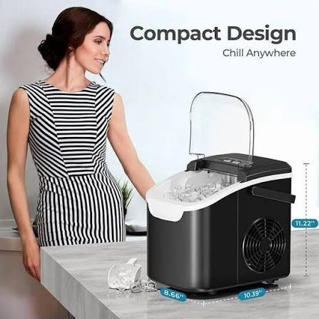 Condition photo showing New/Like New for countertop ice maker machine, 8 ice cubes in 6 mins, 26lb/day ice with 2 sizes- portable mini, energy saving & basket/scoop for home/party/travel/camping/bar,black