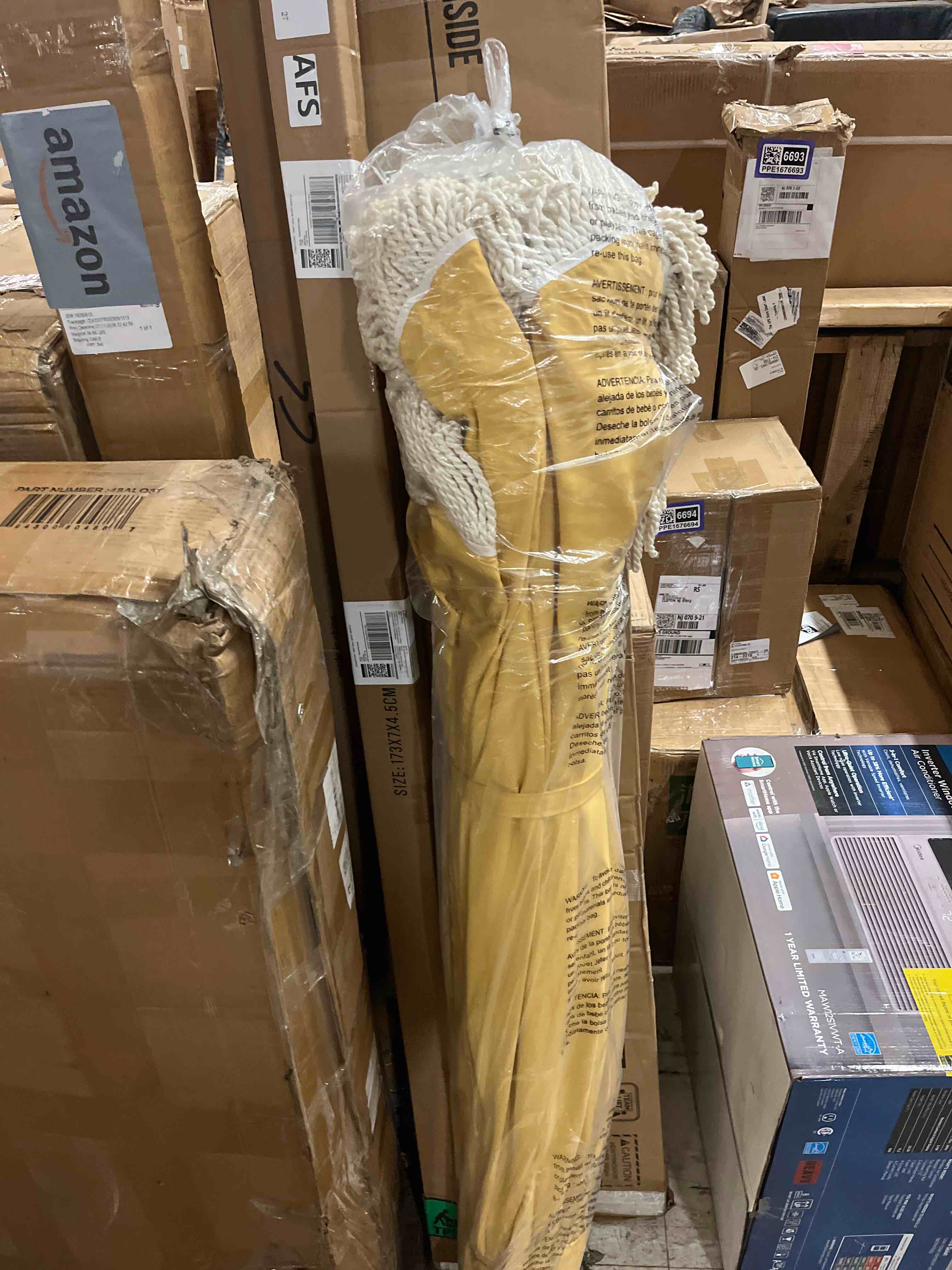 Condition photo showing New/Like New for collins 9 ft. classic cottage fringe tassel market patio umbrella in mustard yellow/cream, white pole