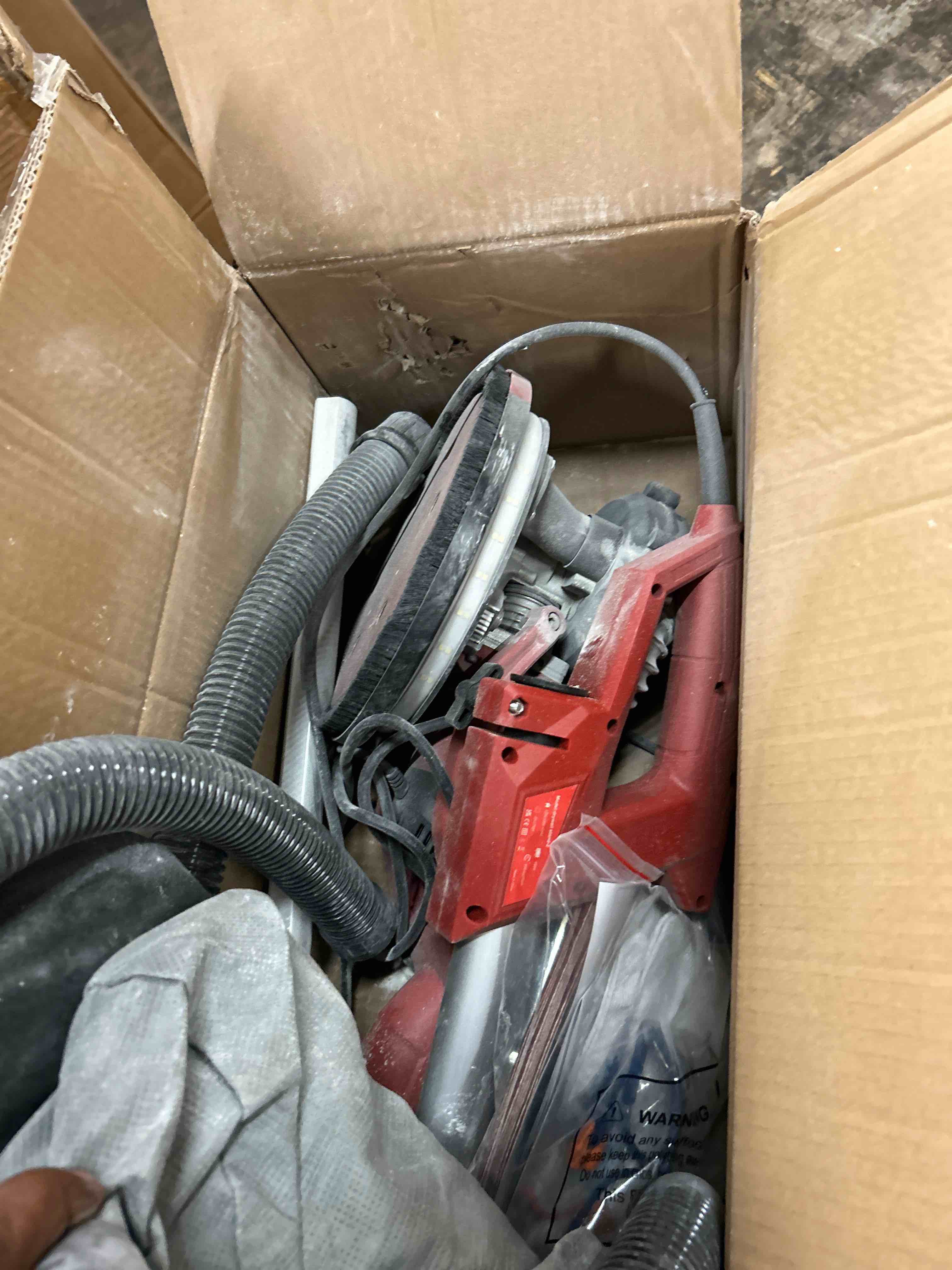 Condition photo showing As Is for electric drywall sander with vacuum dust collector,popcorn ceiling removal | dustless vacuum system;9 variable speed ;collapsible extendable handle;led light