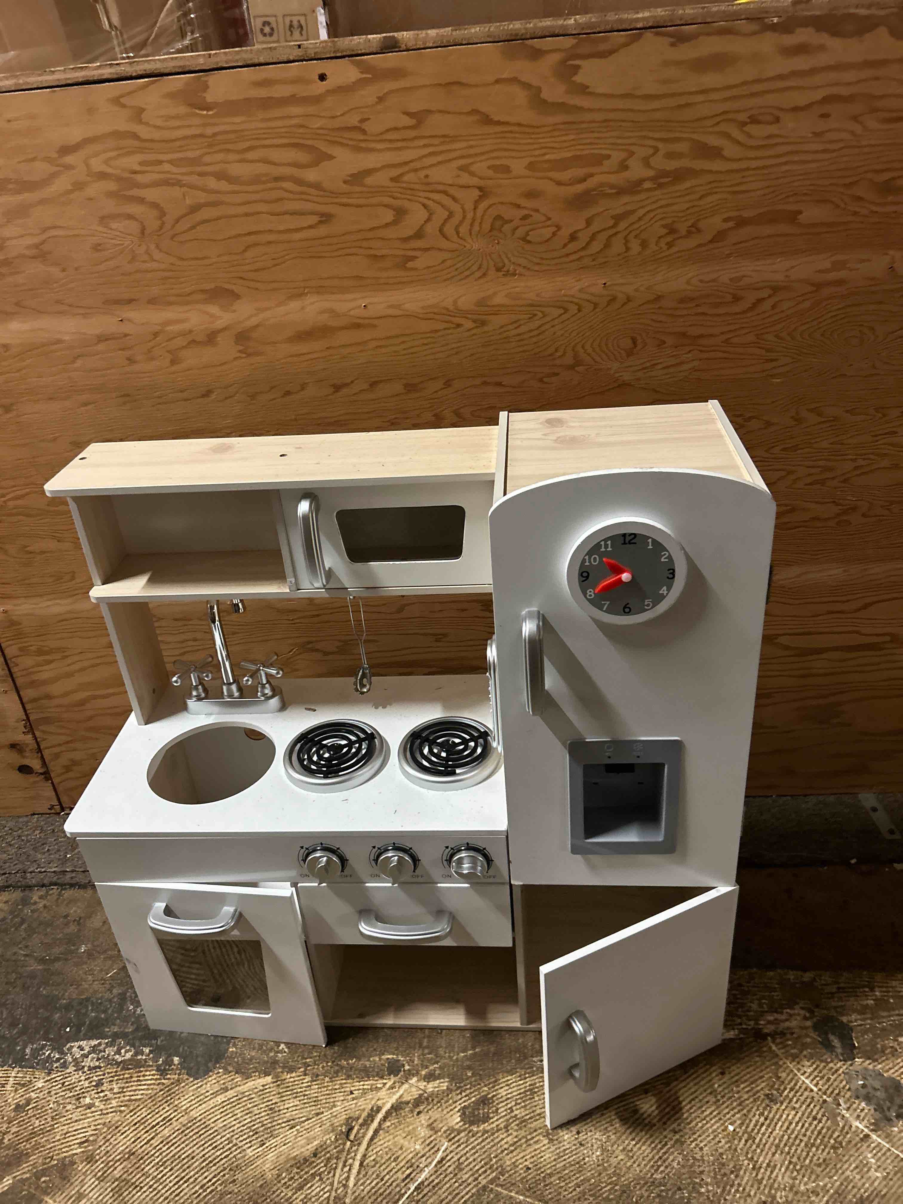 Condition photo showing Good Condition for honey joy kids kitchen playset, wooden pretend play kitchen for toddlers, cookware utensil, phone, clock, water dispenser, storage cabinet, little chef toy kitchen set, gift for boys girls 3+, natural