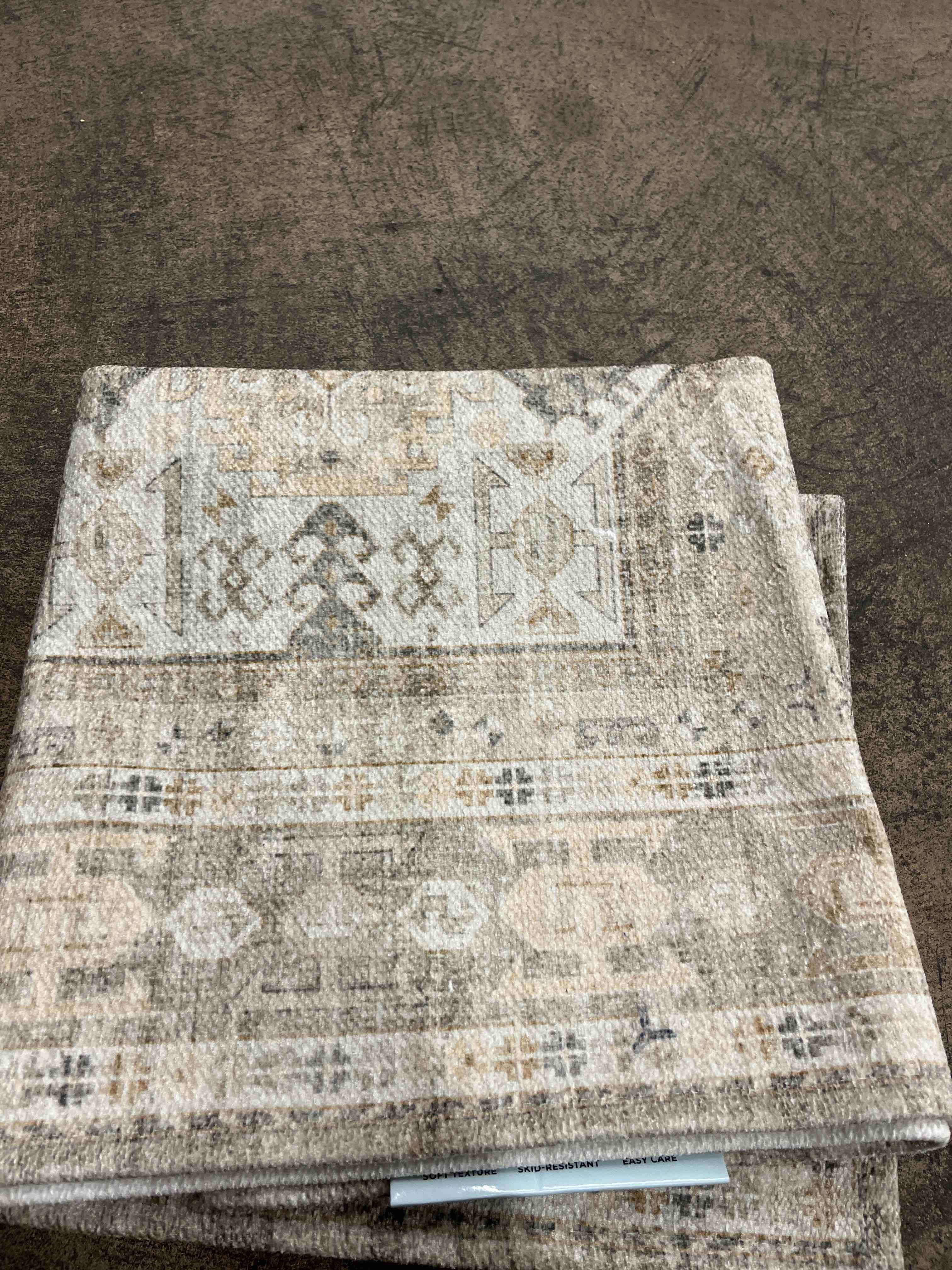 Condition photo showing New/Like New for pair of uphome boho bathroom rugs, distressed farmhouse light khaki bath mat, comfy velvet small bath rugs non slip washable, vintage oriental toilet rug for sink shower vanity, 24 x 36  inch