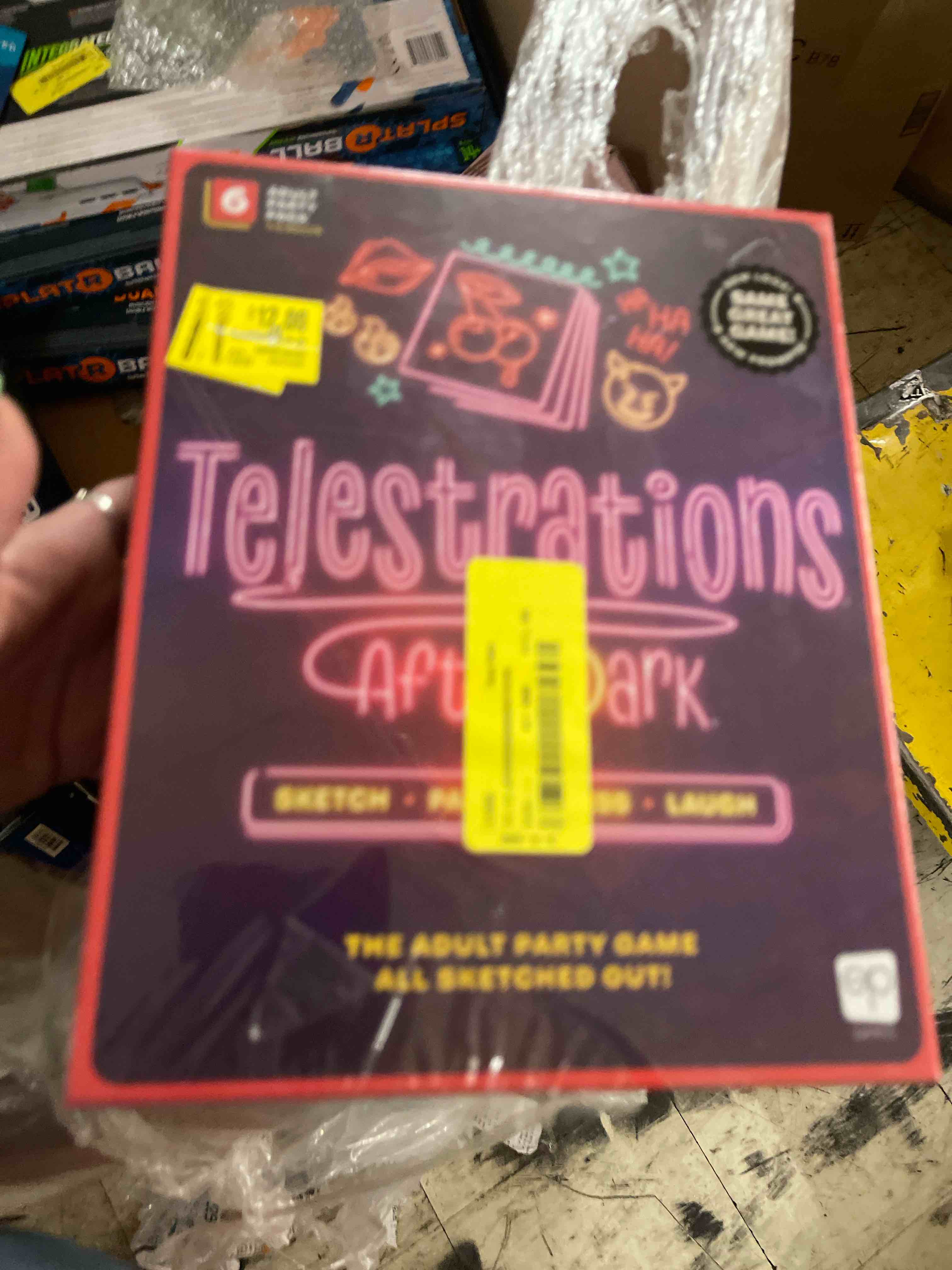 Condition photo showing New/Like New for telestrations: after dark 6 player 2nd edition board game, adults-only laugh out loud must have party game, sketch what you read & guess what you saw, new look, same nsfw fun, 4-6 player, by usaopoly