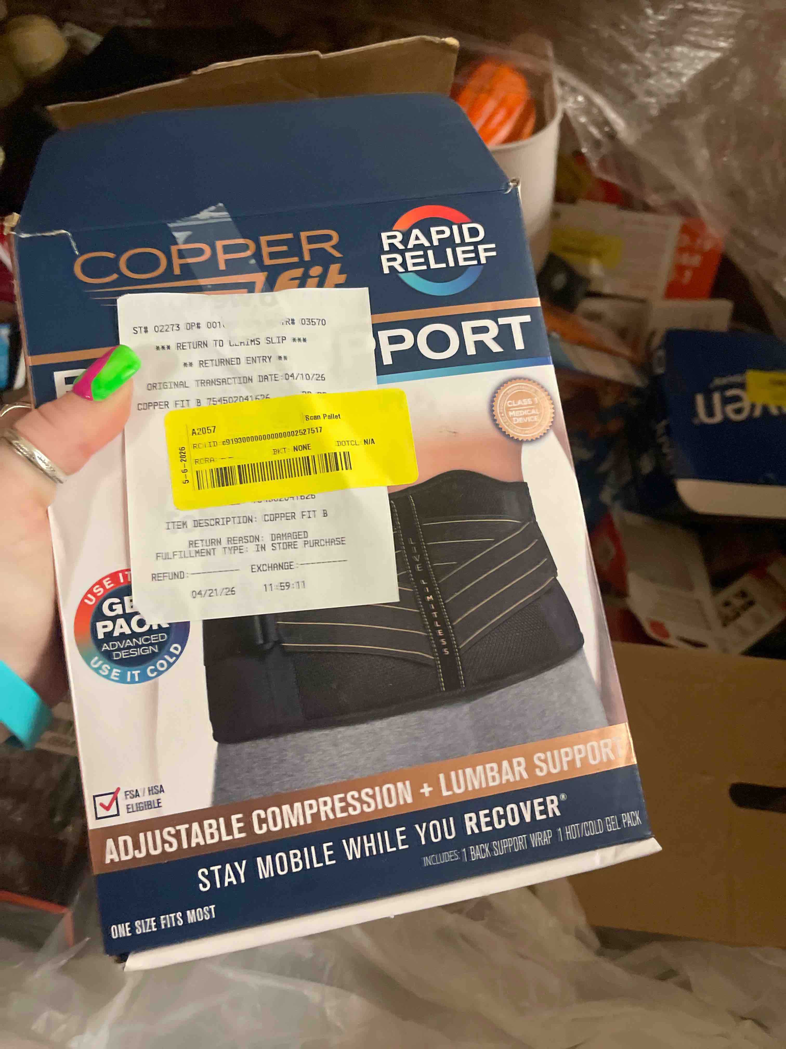 Condition photo showing New/Like New for copper fit unisex adult rapid relief back support brace with hot/cold therapy, black, adjustable