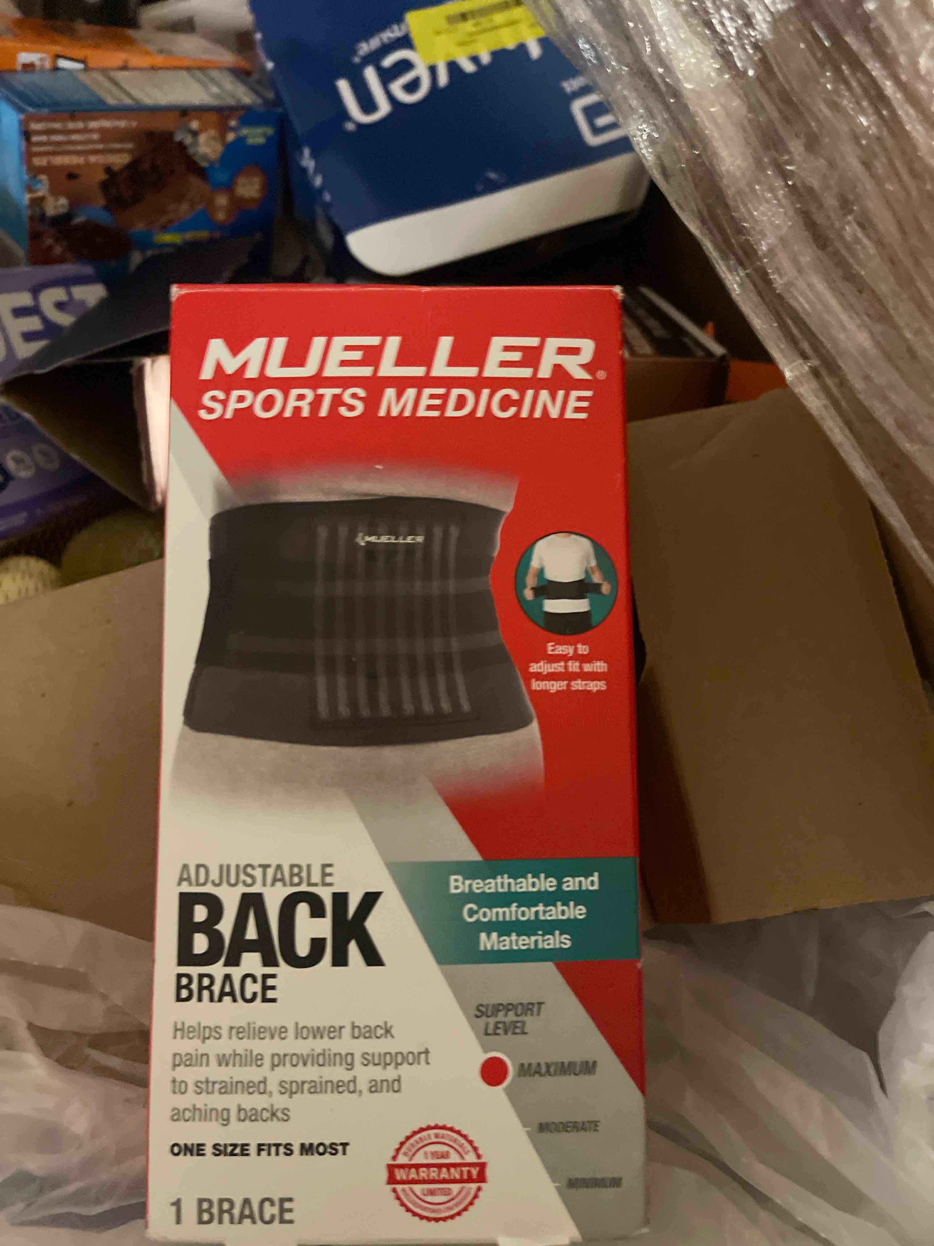 Condition photo showing New/Like New for mueller sports medicine adjustable back brace, back pain relief support for men and women, ideal for upper and lower back pain, sciatica, scoliosis, black