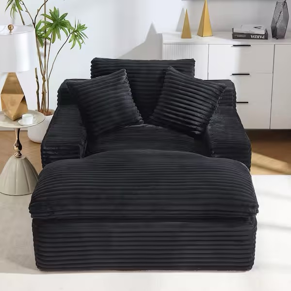 Condition photo showing New/Like New for hochwertiges black oversized polyester upholstered square arm chaise lounge full foam sofa couch with pillows, no asssembly required