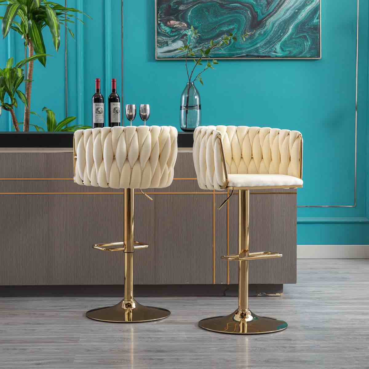 Condition photo showing New/Like New for set of 2 bar stools,with chrome footrest and base swivel height adjustable mechanical lifting velvet