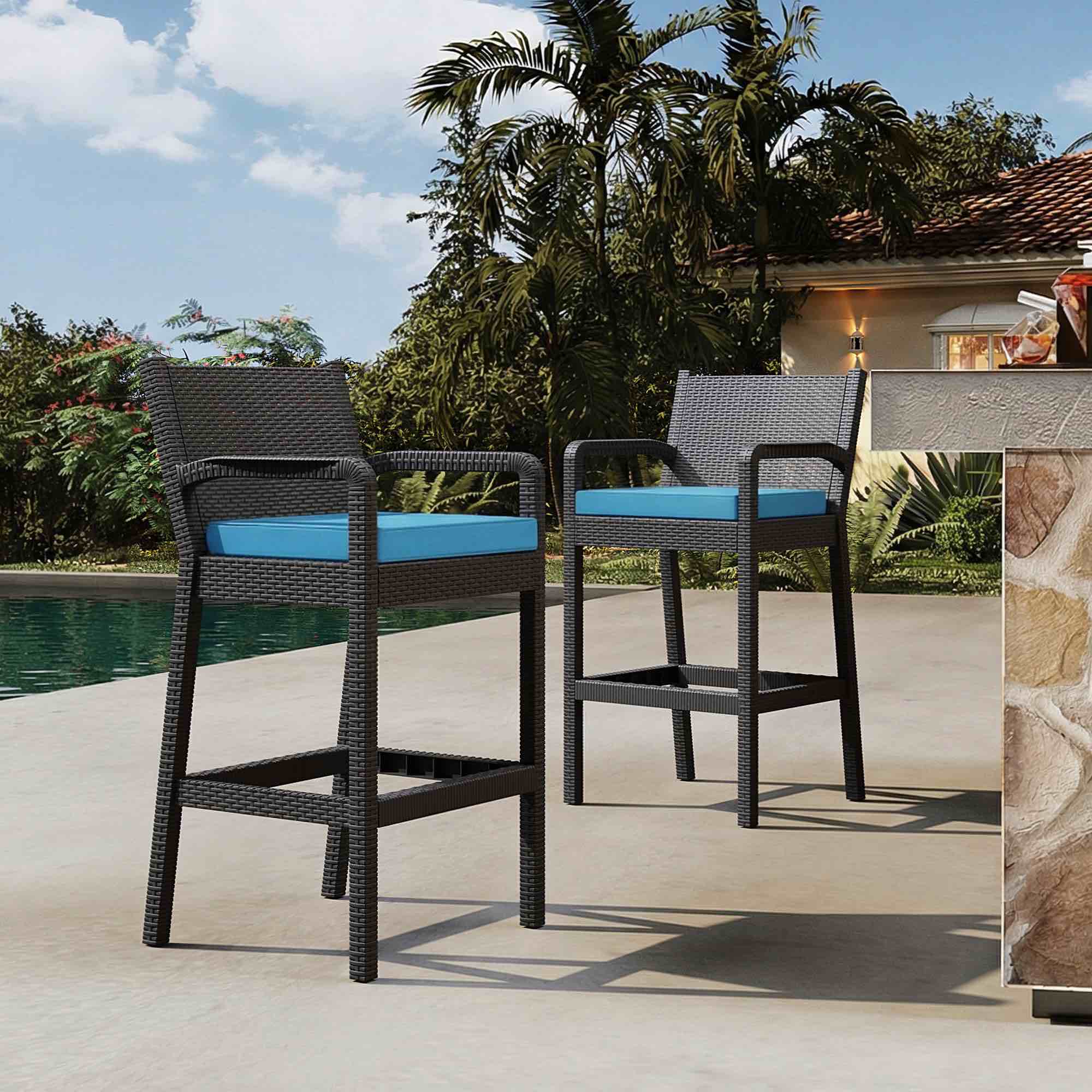 Condition photo showing New/Like New for garvee wicker patio barstools, outdoor bar height chairs with thick cushions for deck, garden, backyard and indoor counter, blue set of 2