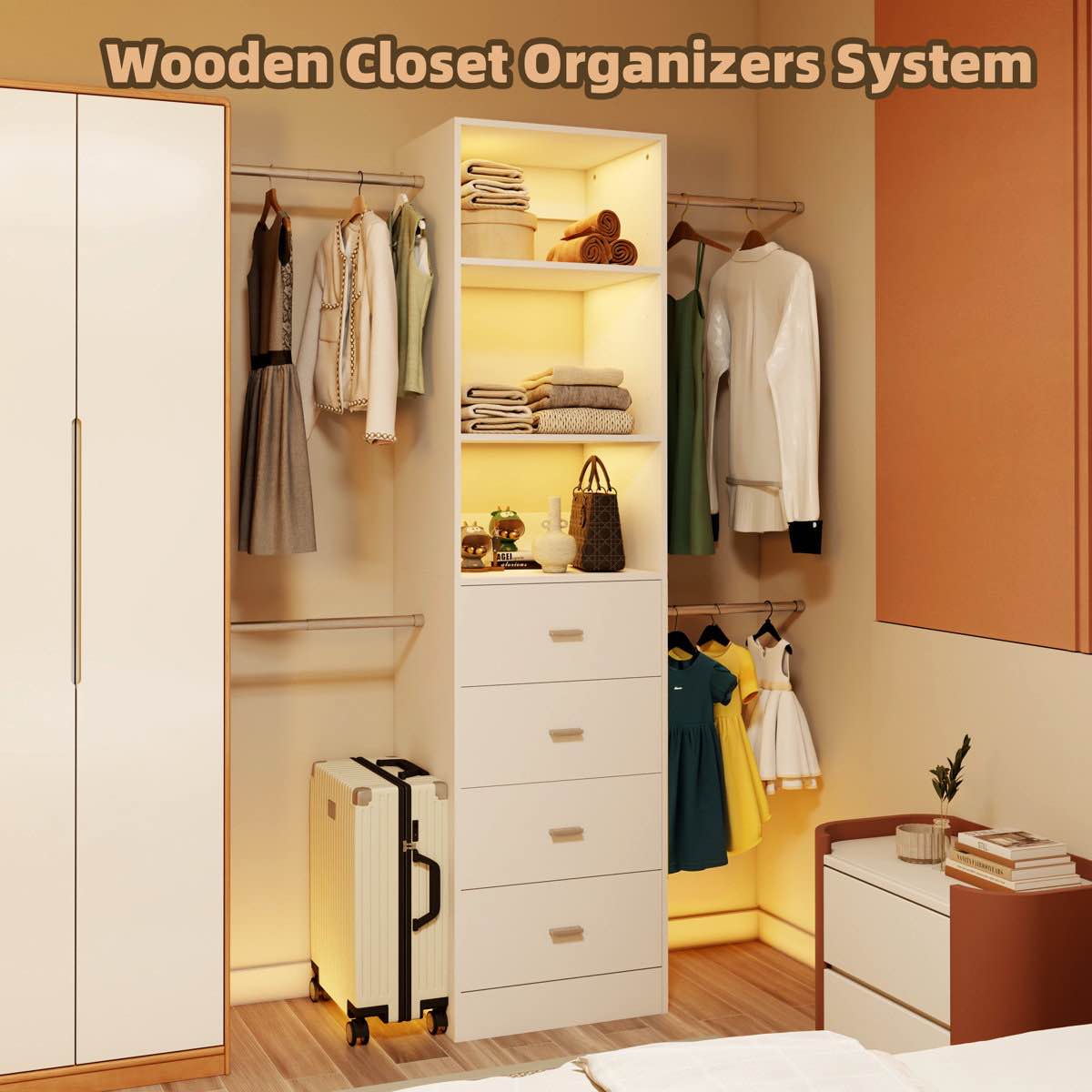 Condition photo showing Good Condition for closet organizer tower with 4 drawers, shelves and extendable hanging rods,