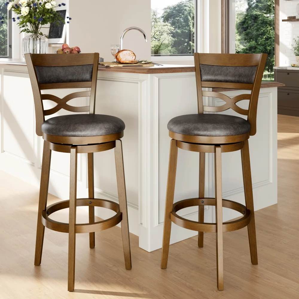 harrison rustic wood bar stool with unique x-shaped upholstered back for kitchen