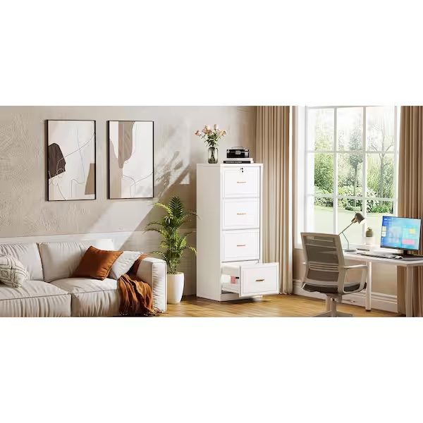 Condition photo showing New/Like New for atencio 4-drawer white wood 23 in. w vertical simple modern industrial file cabinet printer stand freestanding pedestal